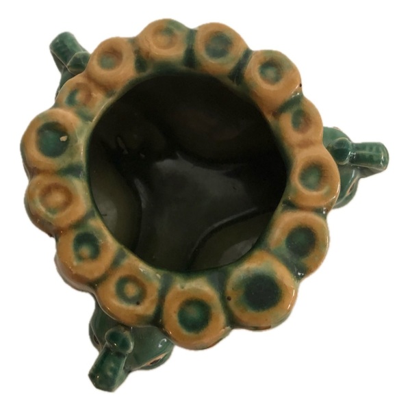 Vintage Majolica Art Pottery Planter 3 Elephants Trunks Up Bamboo 5" Succulent - Picture 4 of 6